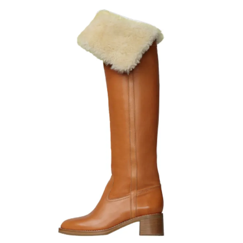 Hot Wool Over the Knee Boots Women Warm Lapel Chunky Heels Winter Boots Concise Slip On Brown Long Boots Runway Shoes Woman