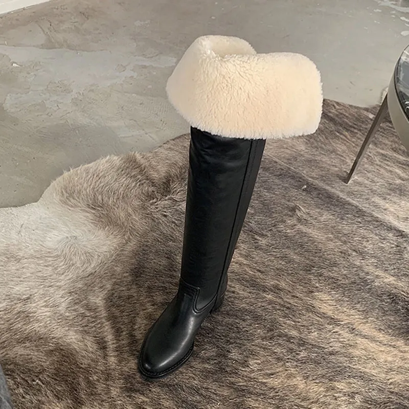 Hot Wool Over the Knee Boots Women Warm Lapel Chunky Heels Winter Boots Concise Slip On Brown Long Boots Runway Shoes Woman