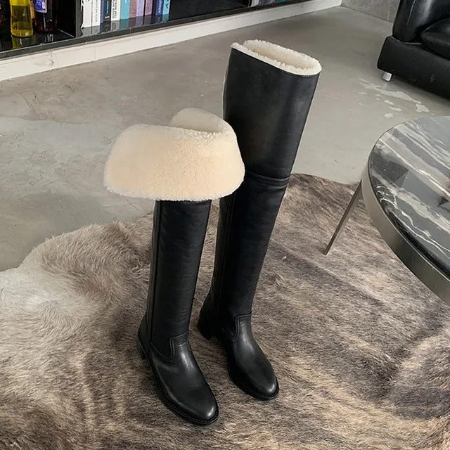 Hot Wool Over the Knee Boots Women Warm Lapel Chunky Heels Winter Boots Concise Slip On Brown Long Boots Runway Shoes Woman