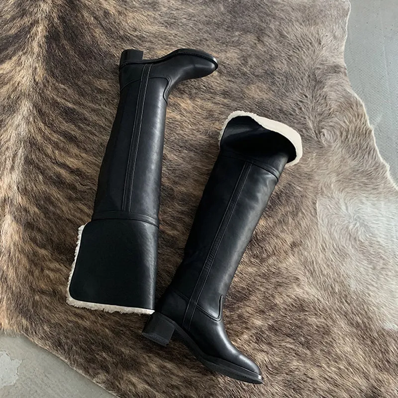 Hot Wool Over the Knee Boots Women Warm Lapel Chunky Heels Winter Boots Concise Slip On Brown Long Boots Runway Shoes Woman