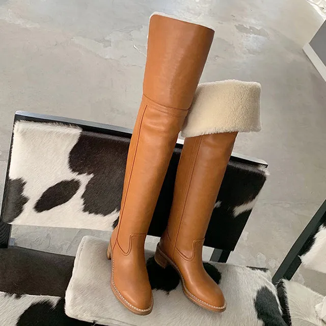 Hot Wool Over the Knee Boots Women Warm Lapel Chunky Heels Winter Boots Concise Slip On Brown Long Boots Runway Shoes Woman