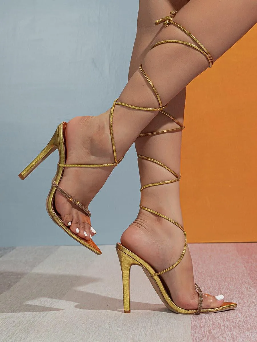 Inlay Stone Cross Straps Pointy Thin High Heel Sandals MHE1054