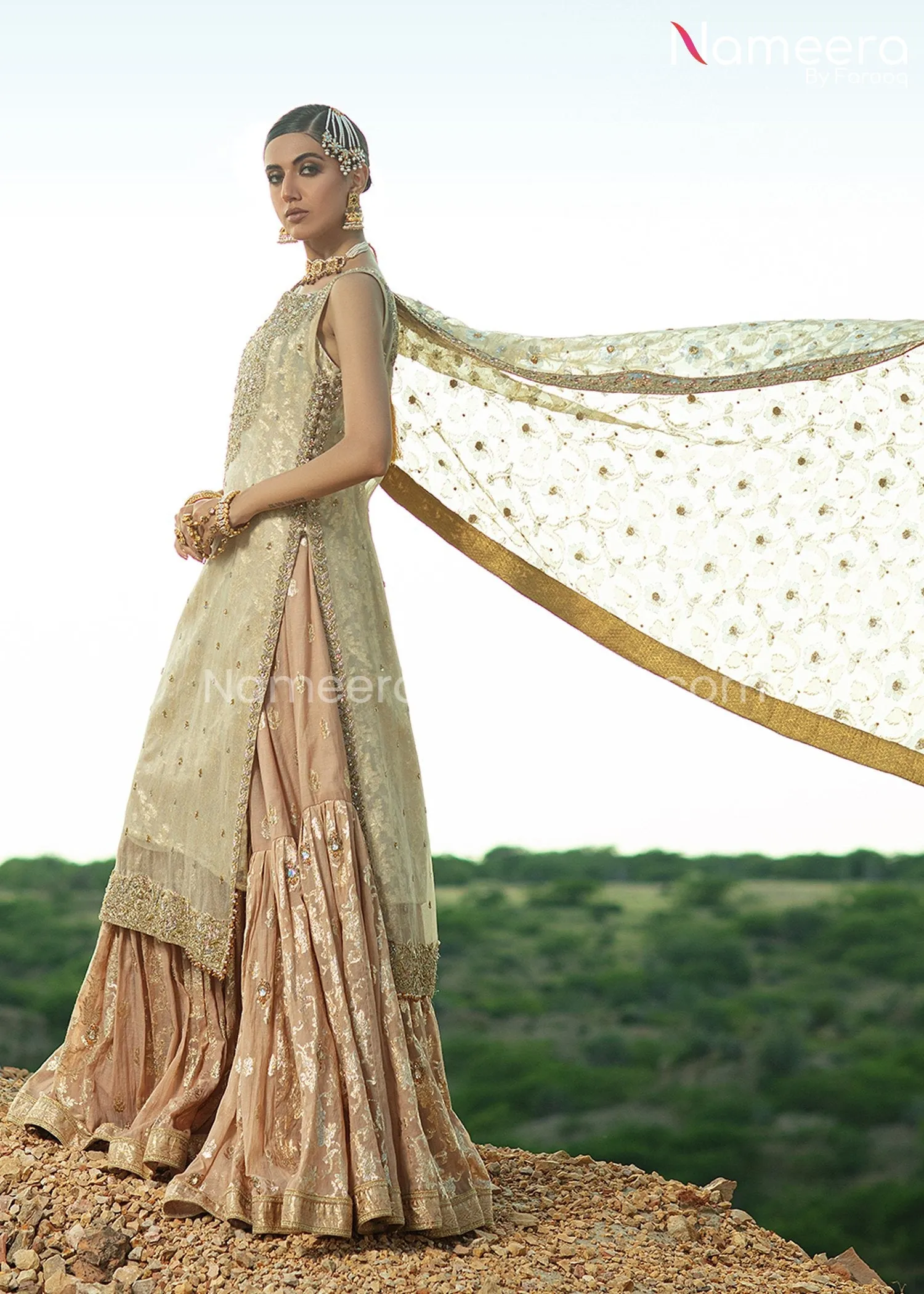 Ivory Gold Bridal Gharara with Kameez Dress #BS667