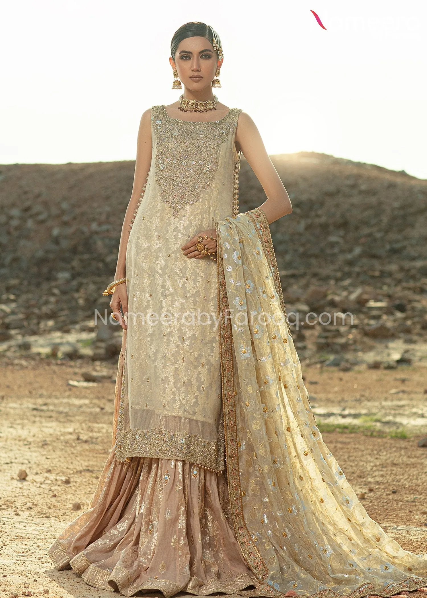 Ivory Gold Bridal Gharara with Kameez Dress #BS667