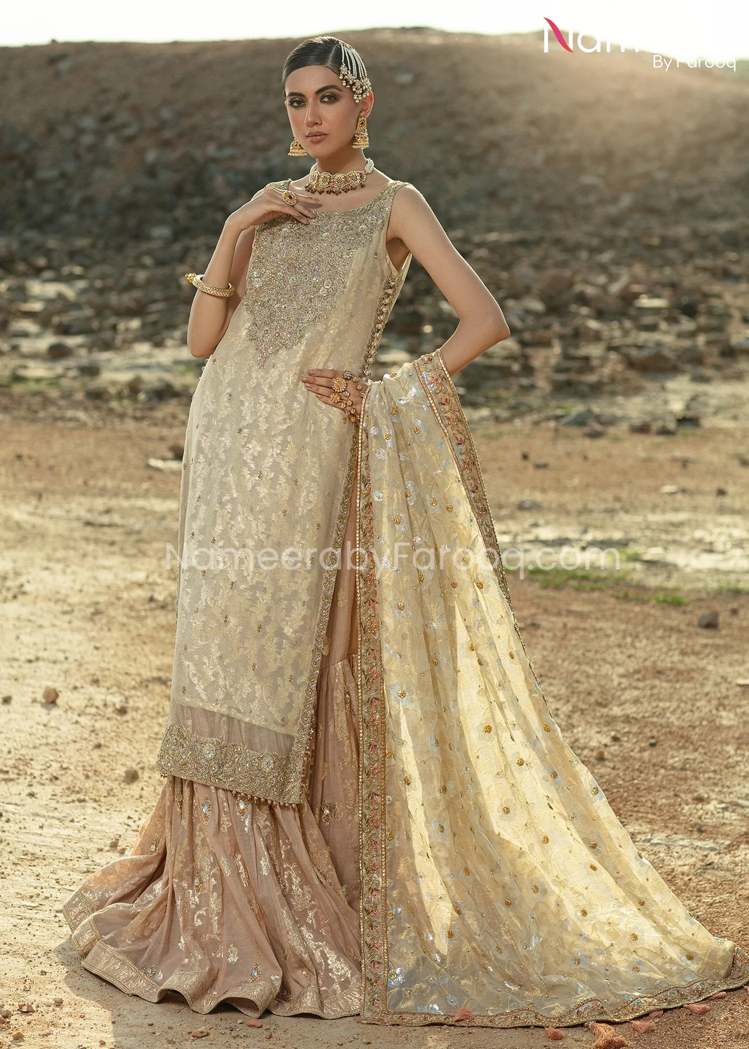 Ivory Gold Bridal Gharara with Kameez Dress #BS667
