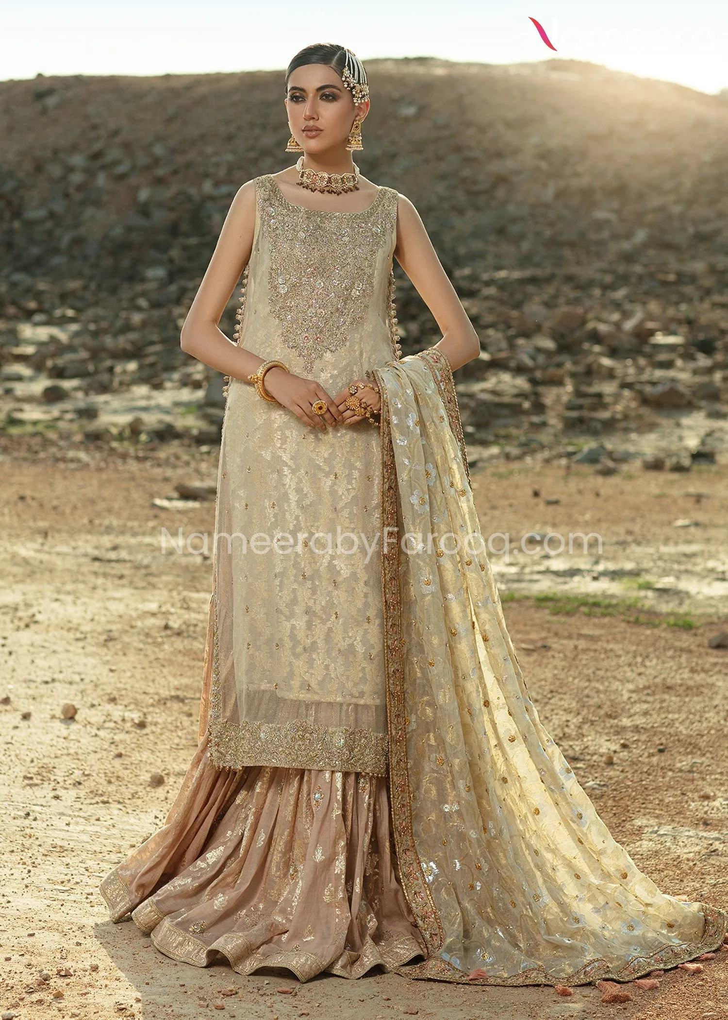 Ivory Gold Bridal Gharara with Kameez Dress #BS667