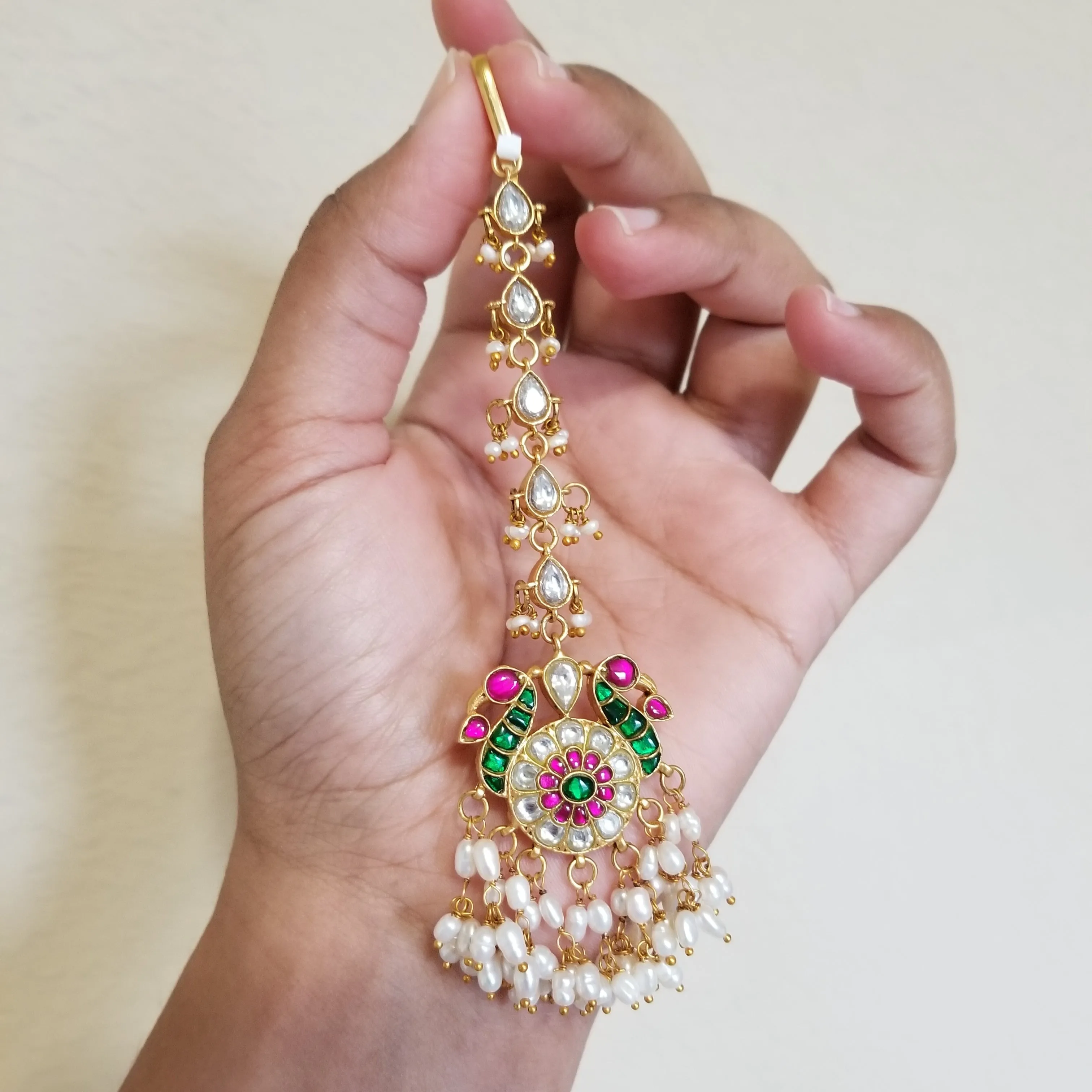Jadau Kundan Peacock Maang Tika With Pearl Drops