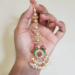 Jadau Kundan Peacock Maang Tika With Pearl Drops