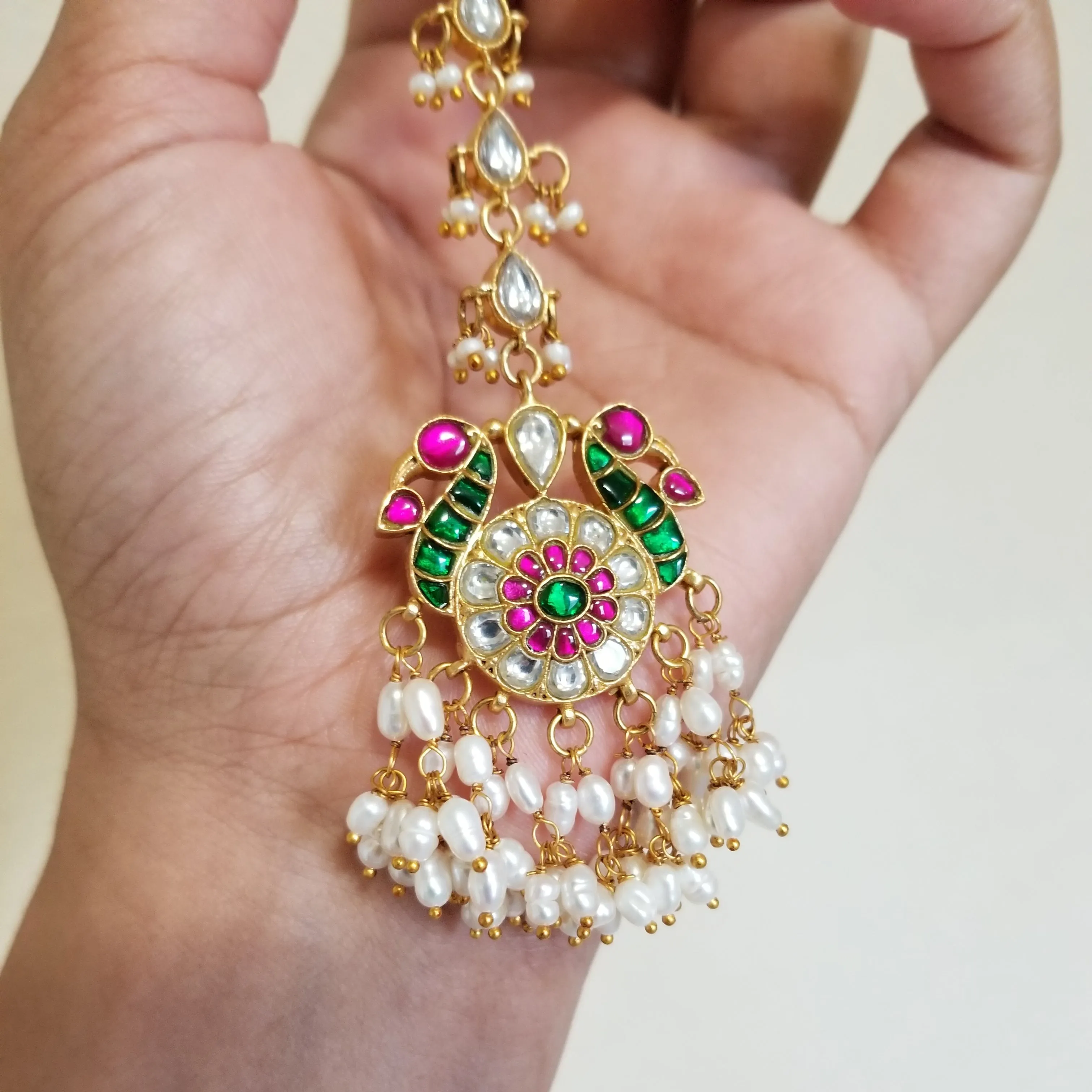 Jadau Kundan Peacock Maang Tika With Pearl Drops
