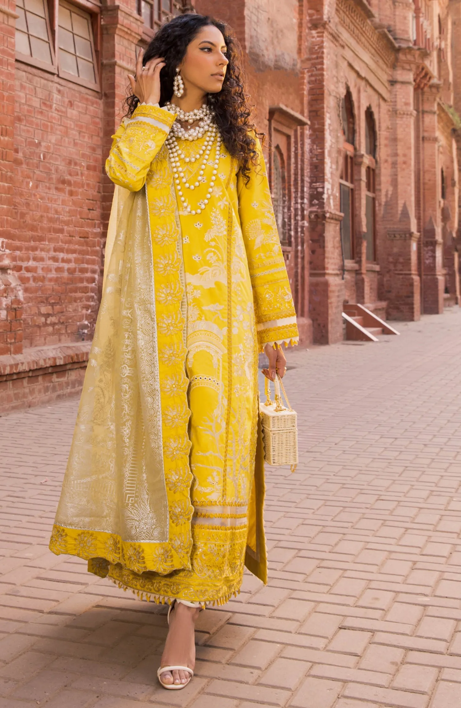 Kameez Trouser Pakistani Eid Dress in Yellow Color