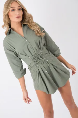 Khaki Corset Front Shirt Dress - Malika