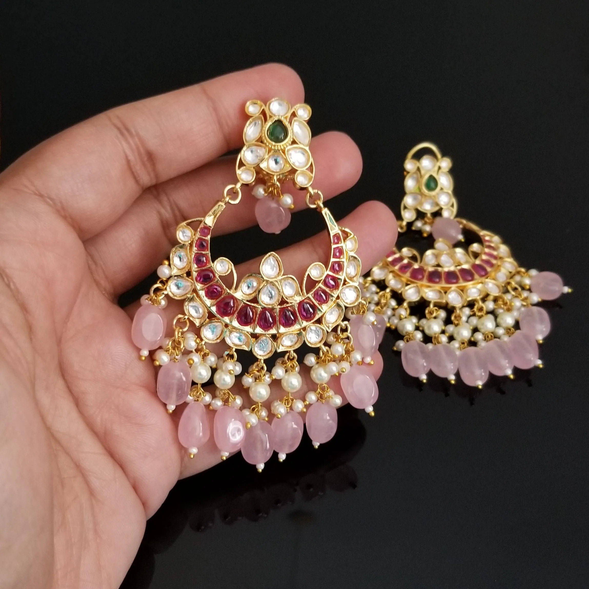 Kundan Chandbalis With Bead Drops