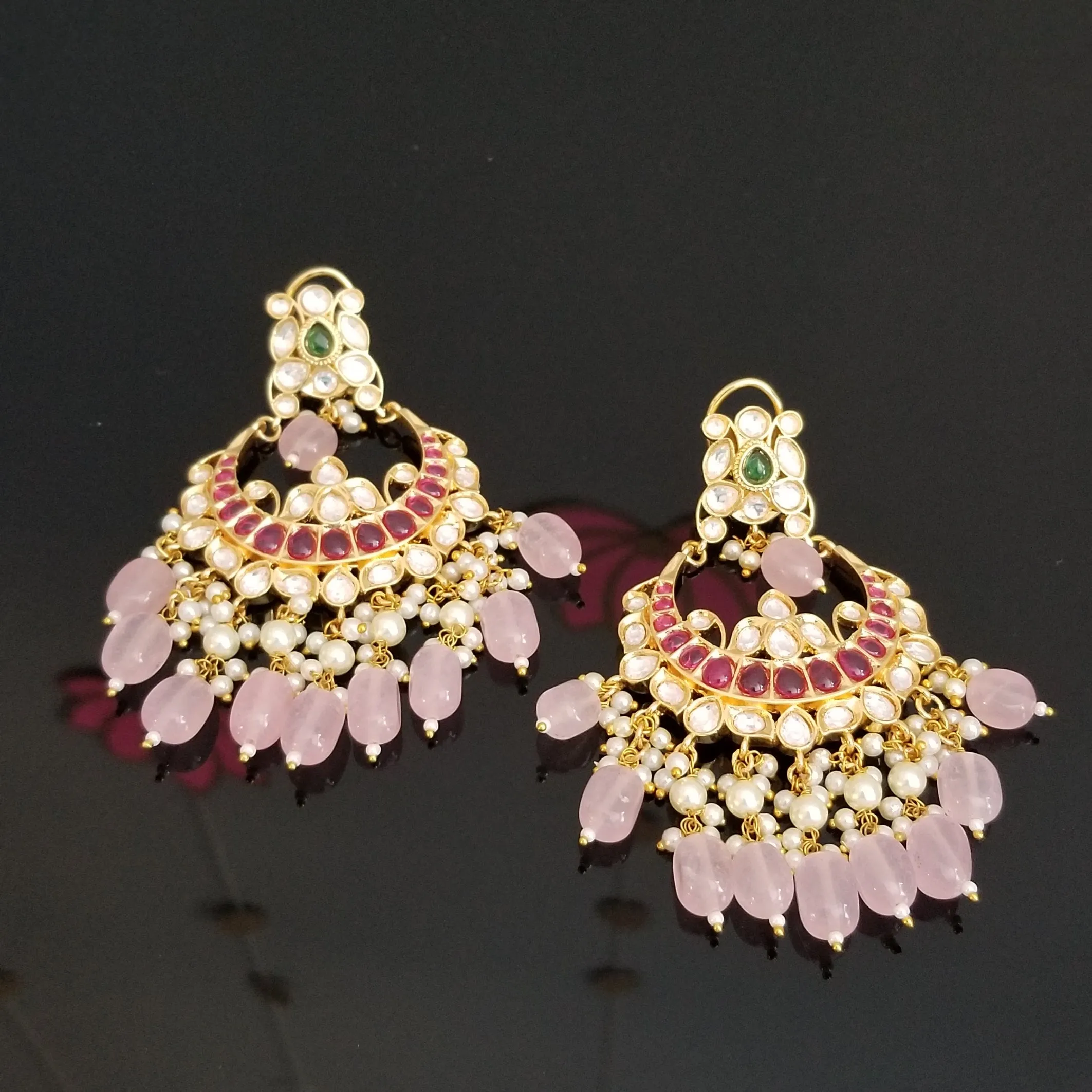 Kundan Chandbalis With Bead Drops