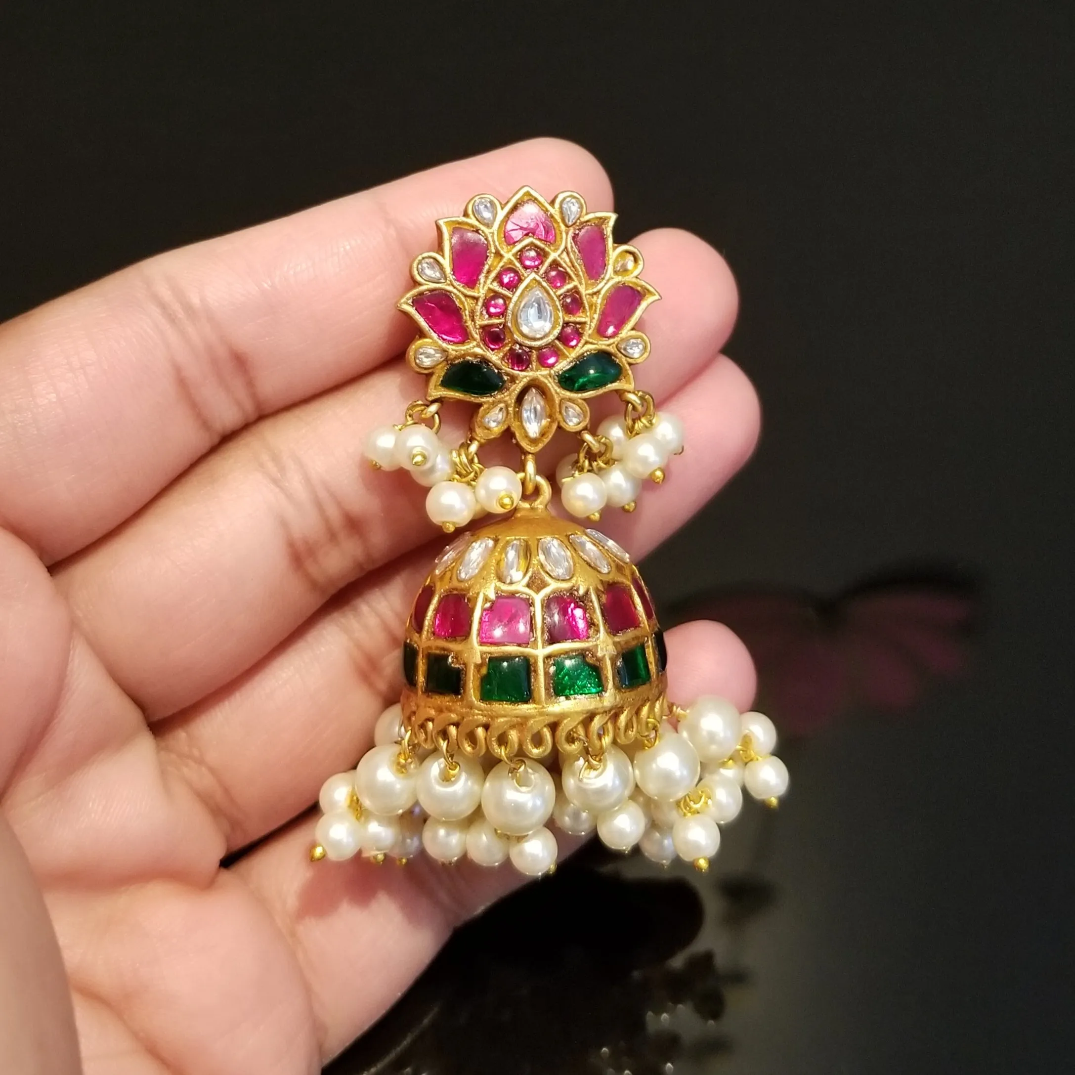 Kundan Jadau Silver Alike Lotus Design Jhumkas