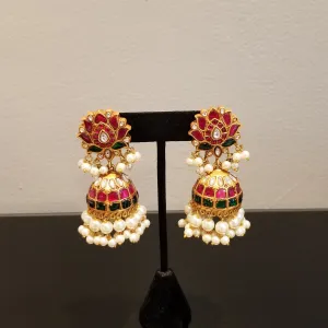 Kundan Jadau Silver Alike Lotus Design Jhumkas