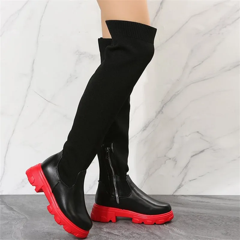 Lady Unique Round Toe Knitted Socks Over-the-knee Boots