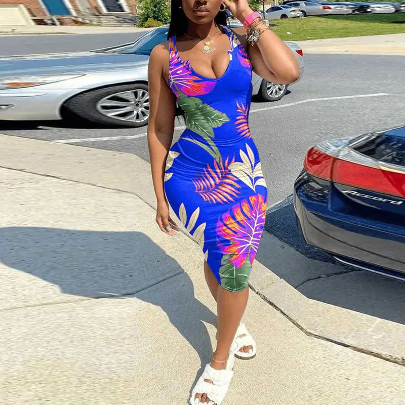 Leaf Print Sleeveless Midi Dress