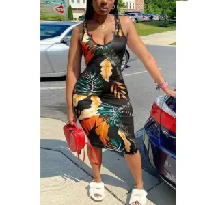 Leaf Print Sleeveless Midi Dress