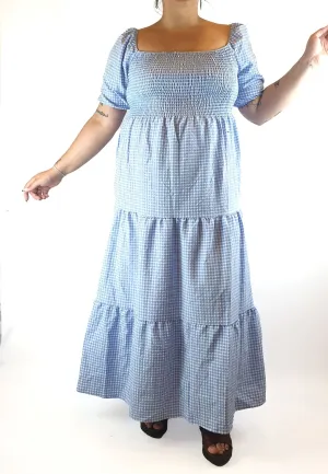 Light blue and white gingham print multi tiered maxi dress fits size 14-16