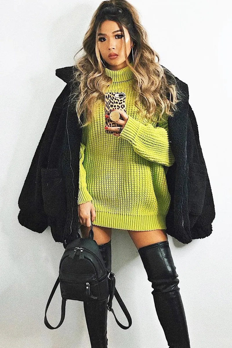 Lime Chunky Knit Jumper Dress - Maci