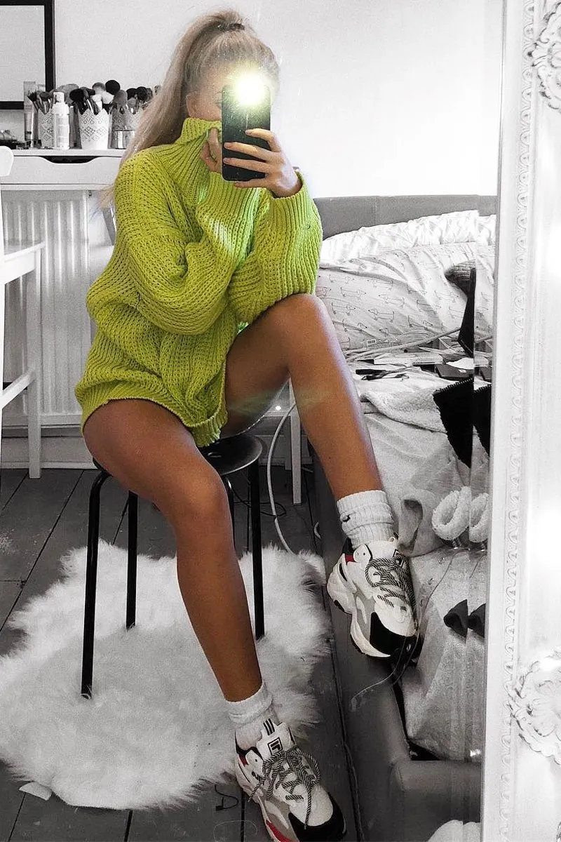 Lime Chunky Knit Jumper Dress - Maci