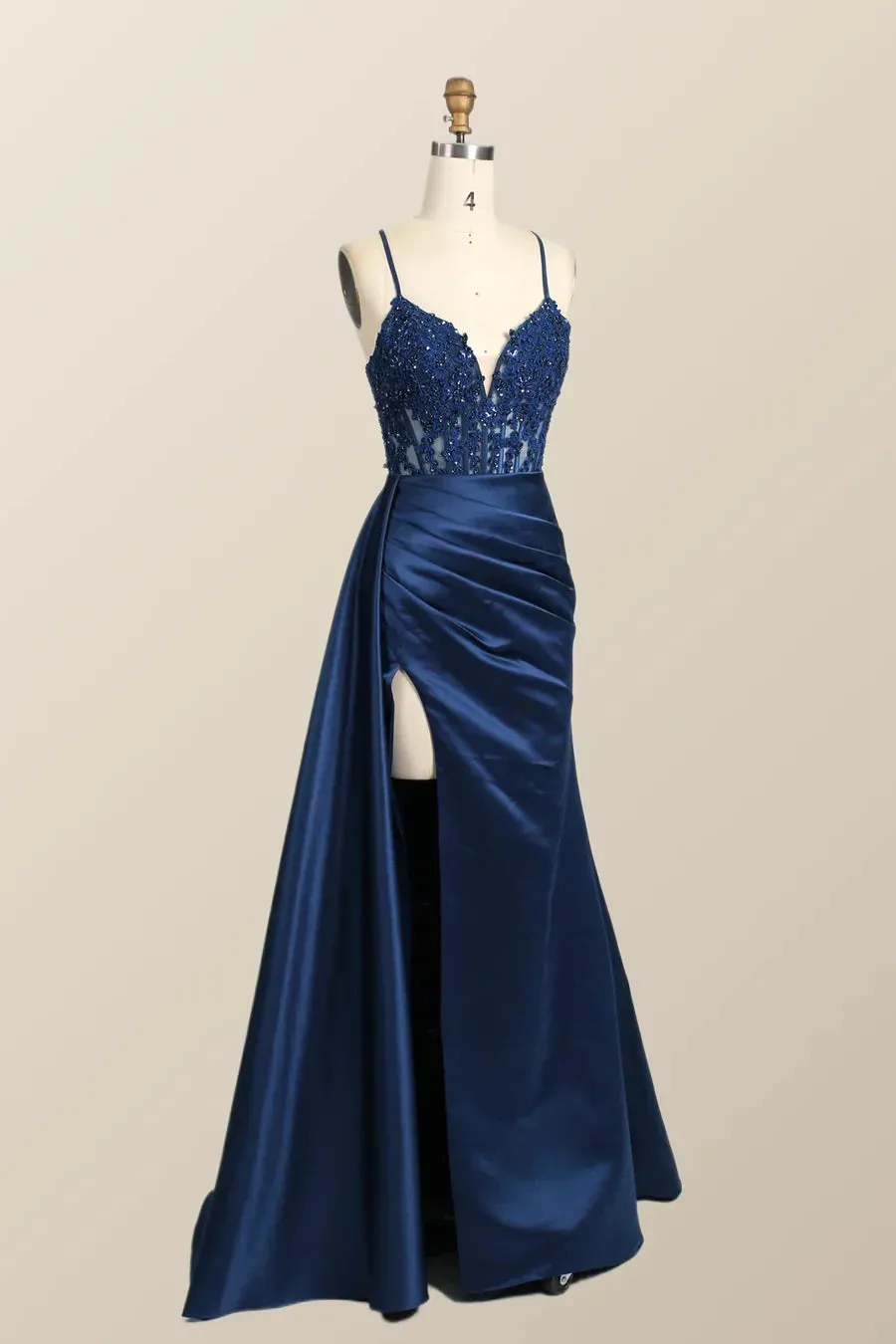 Long Mermaid Red Formal Dress Lace Straps Satin
