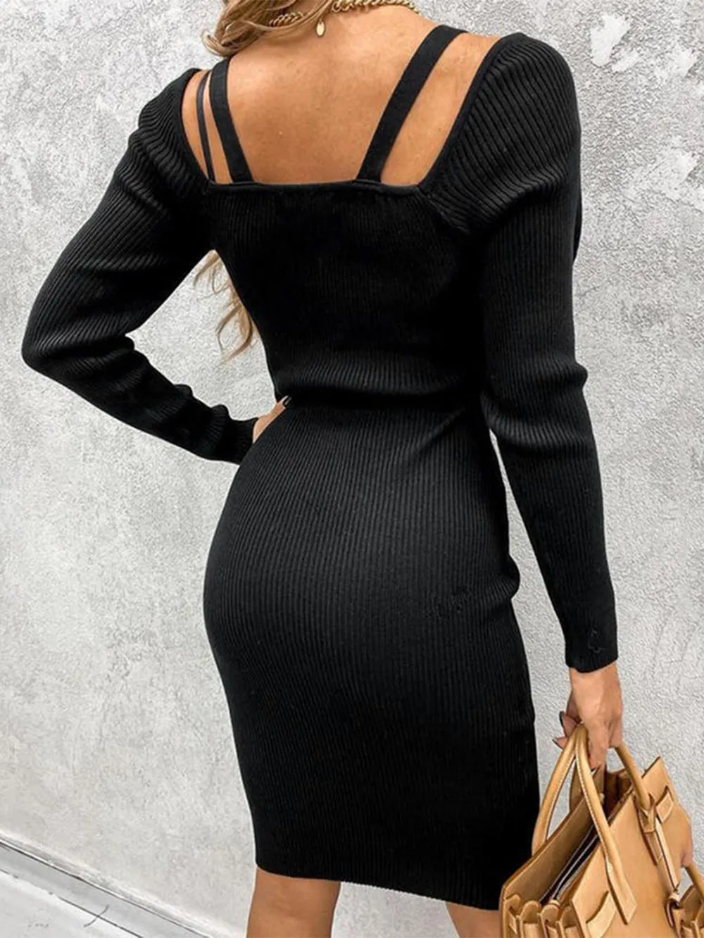 Long Sleeve Plain Over Knee Bodycon Dress HB0442