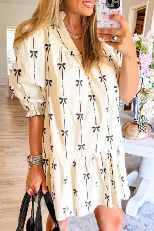 Lucy Beige Cute Bowknot Printed Bubble Sleeve V Neck Mini Dress