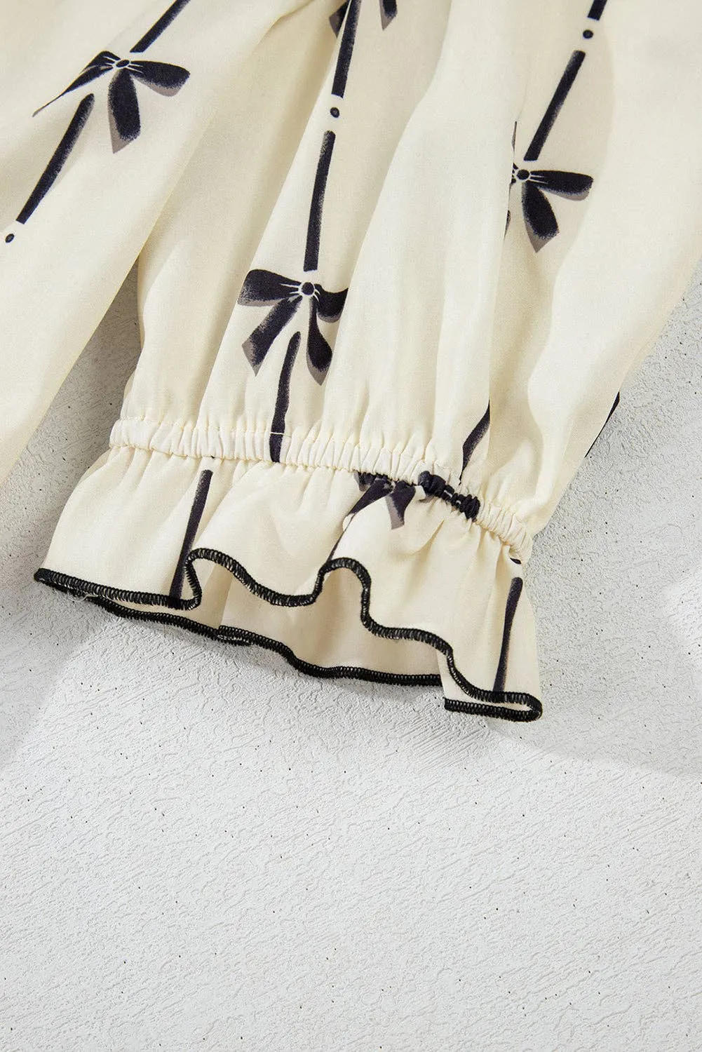 Lucy Beige Cute Bowknot Printed Bubble Sleeve V Neck Mini Dress