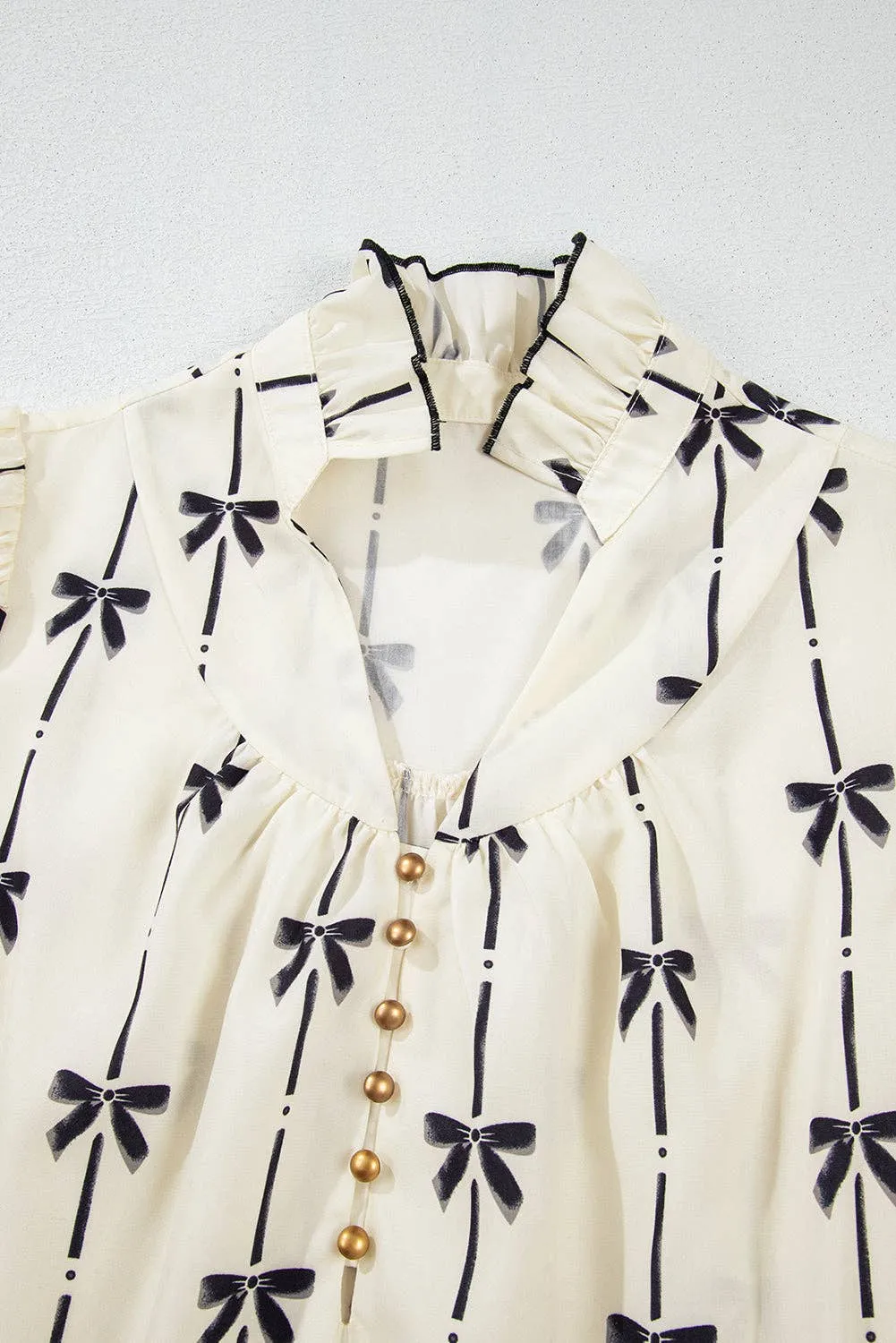 Lucy Beige Cute Bowknot Printed Bubble Sleeve V Neck Mini Dress
