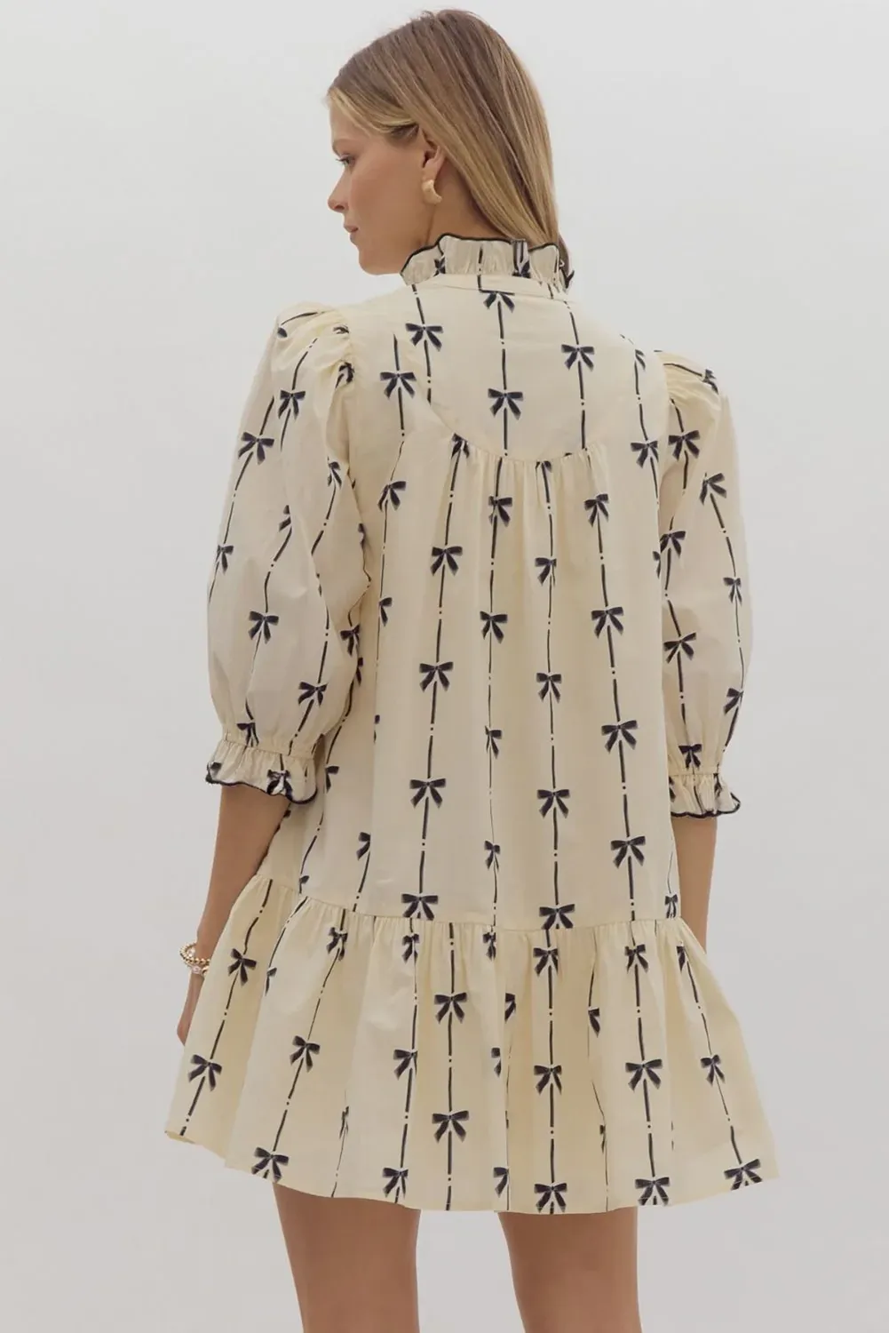 Lucy Beige Cute Bowknot Printed Bubble Sleeve V Neck Mini Dress