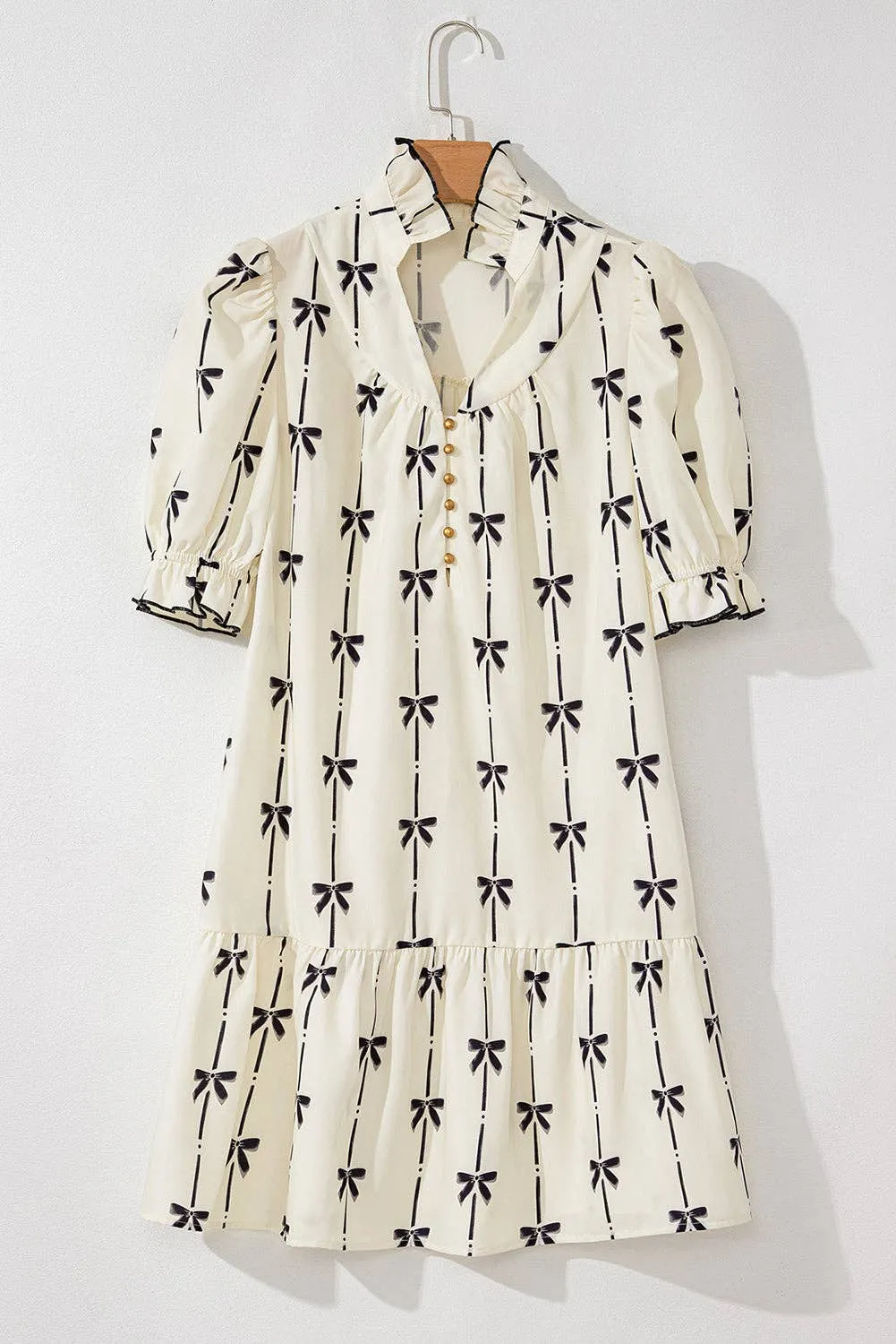 Lucy Beige Cute Bowknot Printed Bubble Sleeve V Neck Mini Dress