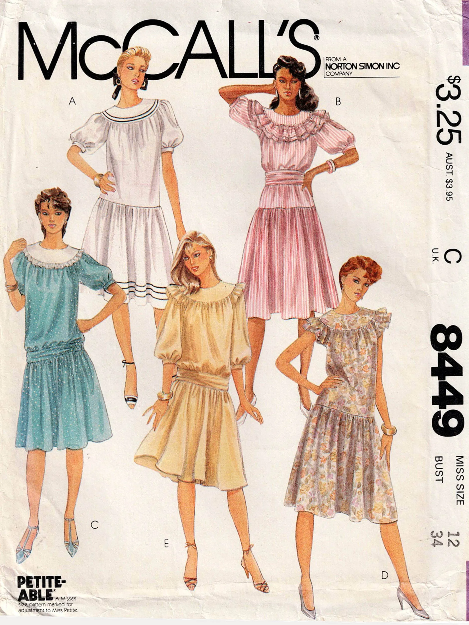 McCall's 8449 Womens Round Yoked Drop Waisted Ruffled Evening / Prom Dress 1980s Vintage Sewing Pattern Size 12 Bust 34 Inches