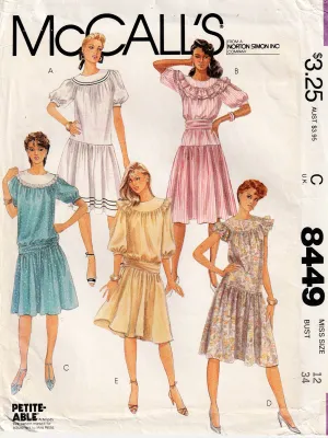 McCall's 8449 Womens Round Yoked Drop Waisted Ruffled Evening / Prom Dress 1980s Vintage Sewing Pattern Size 12 Bust 34 Inches