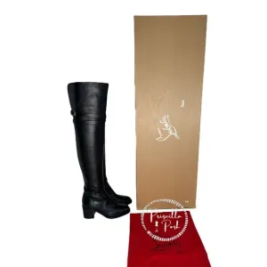 NEW Christian Louboutin Black Leather Karialta Over the Knee Boots Thigh High 36