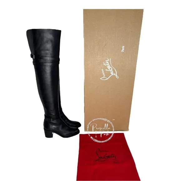 NEW Christian Louboutin Black Leather Karialta Over the Knee Boots Thigh High 36
