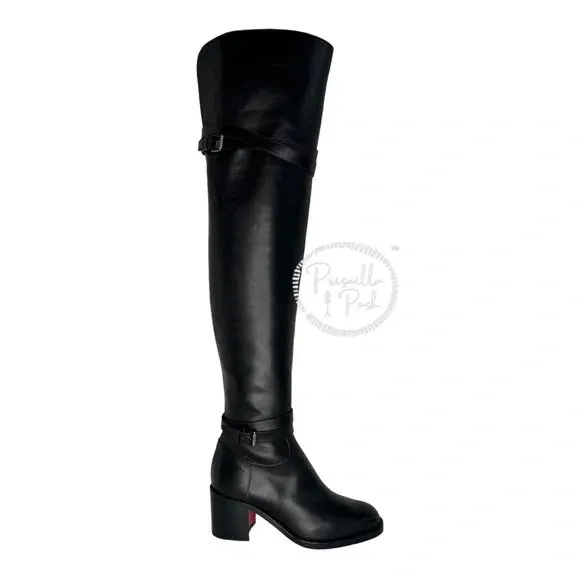 NEW Christian Louboutin Black Leather Karialta Over the Knee Boots Thigh High 36