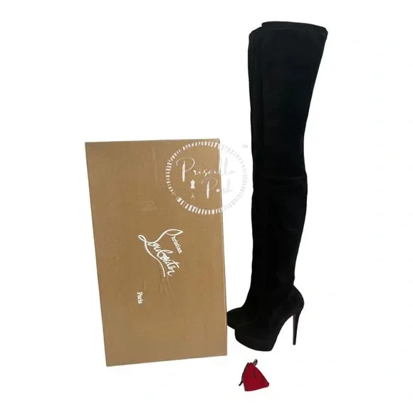 NEW Christian Louboutin Black Suede Gazolina Suede Over The Knee Boots 36.5