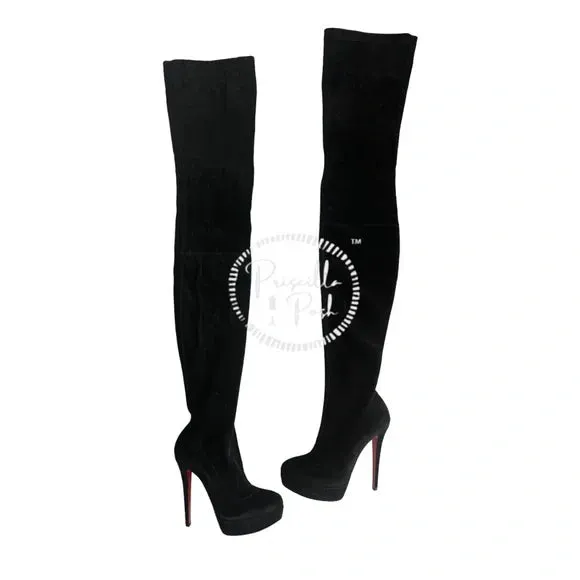 NEW Christian Louboutin Black Suede Gazolina Suede Over The Knee Boots 36.5