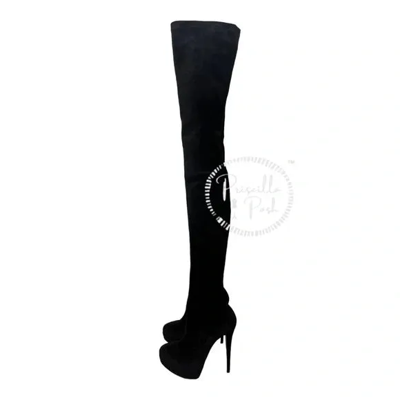 NEW Christian Louboutin Black Suede Gazolina Suede Over The Knee Boots 36.5