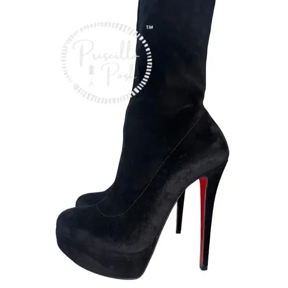 NEW Christian Louboutin Black Suede Gazolina Suede Over The Knee Boots 36.5