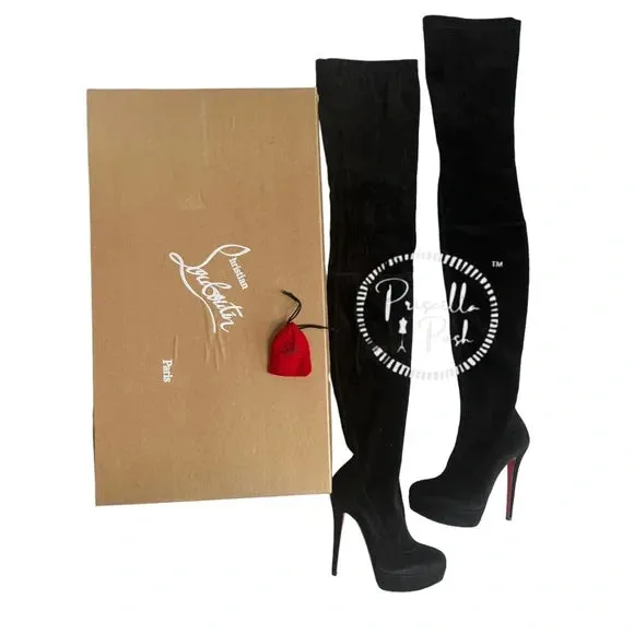 NEW Christian Louboutin Black Suede Gazolina Suede Over The Knee Boots 36.5
