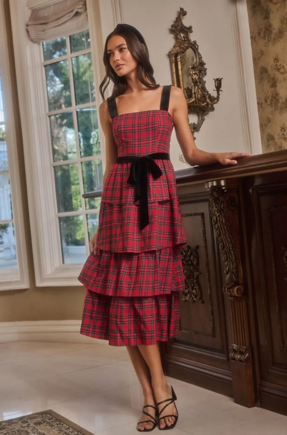 Nora Plaid Tiered Midi Dress