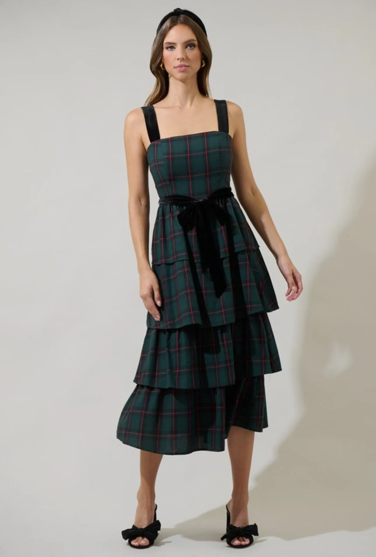 Nora Plaid Tiered Midi Dress