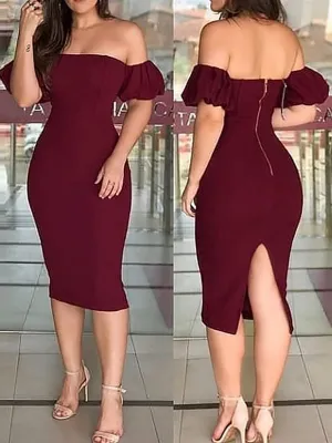 Off Shoulder Plain Zipper Design Back Slit Dress
