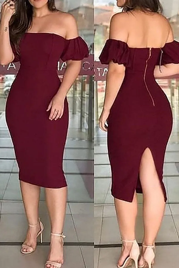 Off Shoulder Plain Zipper Design Back Slit Dress