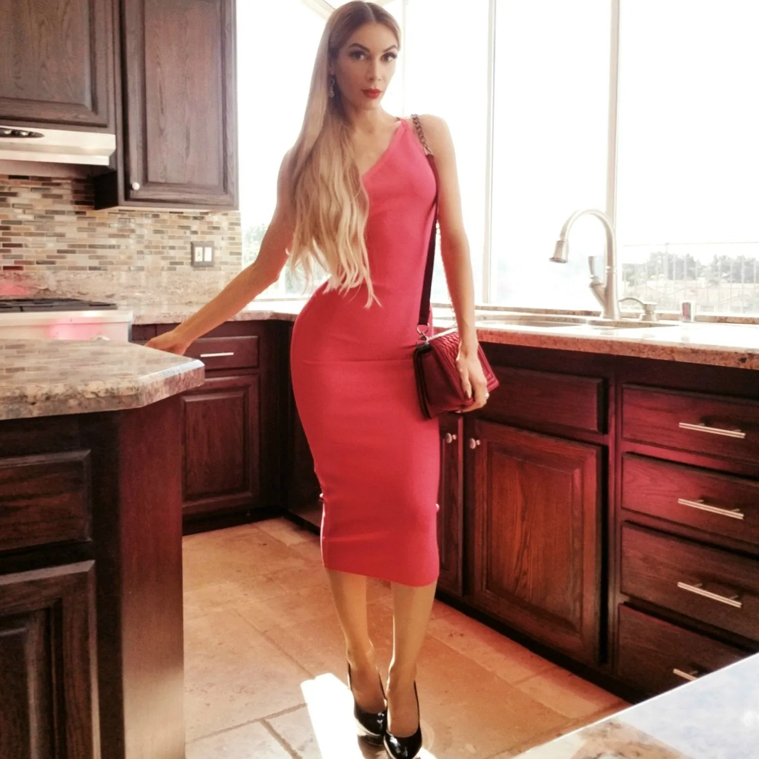 One Shoulder Asymmetrical Midi Bandage Dress PPHK054