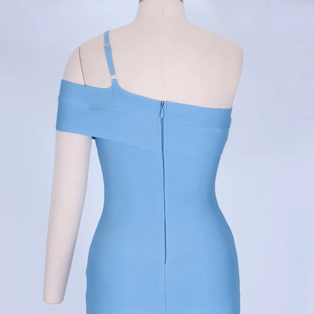 One Shoulder Short Sleeve Asymmetrical Over Knee Bandage Dress PZ19198