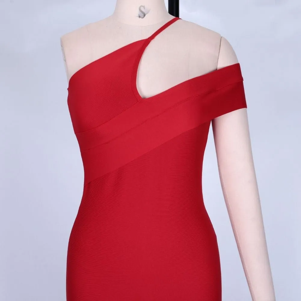 One Shoulder Short Sleeve Asymmetrical Over Knee Bandage Dress PZ19198
