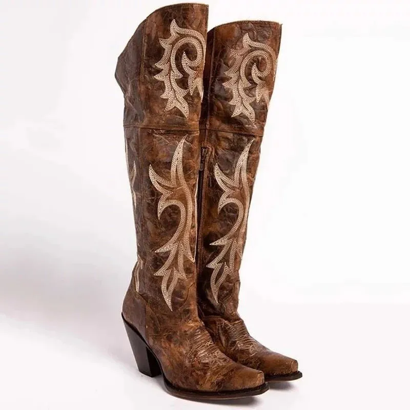 Over The Knee Boots High Heel Retro Embroidered Plus Size Women Shoes